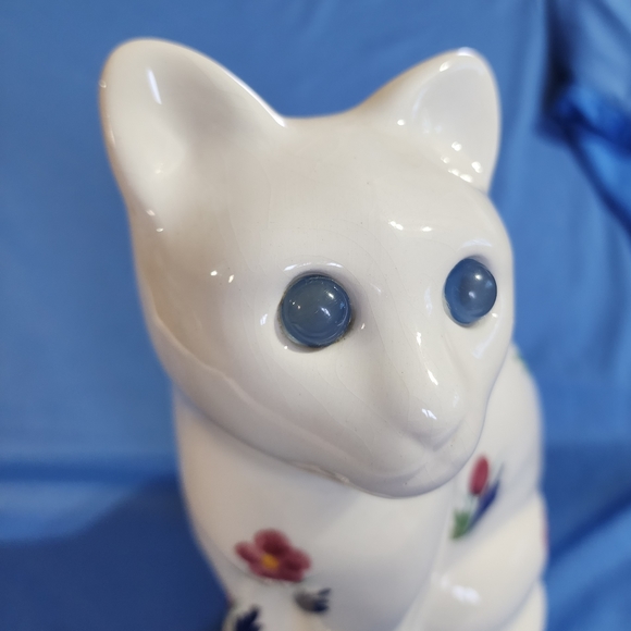 Vtg Ceramic White Kitty Cat Art Elpa Alcobaca Portuguese Hand Painted Flowers - Picture 3 of 10